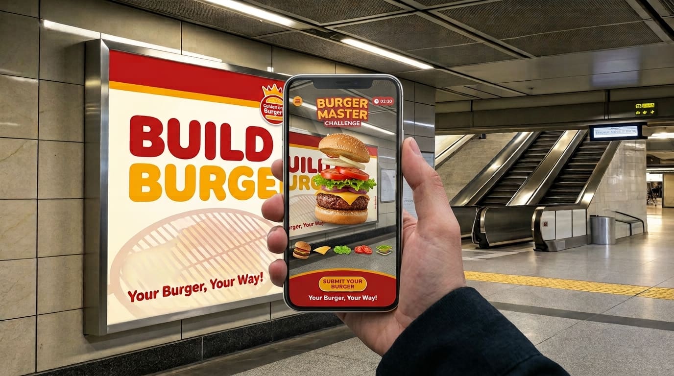 Concept visualization: a phone held up to a transit billboard for a 'Build Your Burger' advert, the printed ad becoming an interactive 'Burger Master Challenge' on the phone screen — the burger lifting off the poster, ingredients to tap, a price and a submit button.