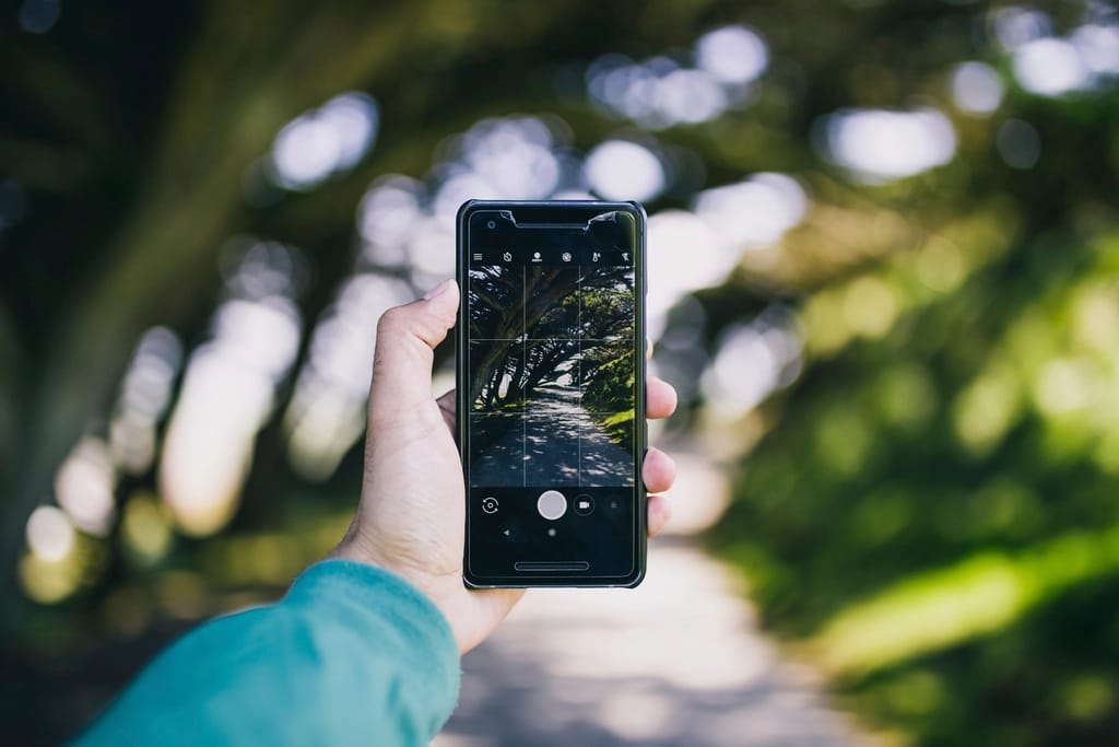 A hand holding up a smartphone with the camera open, the scene ahead showing through the screen.