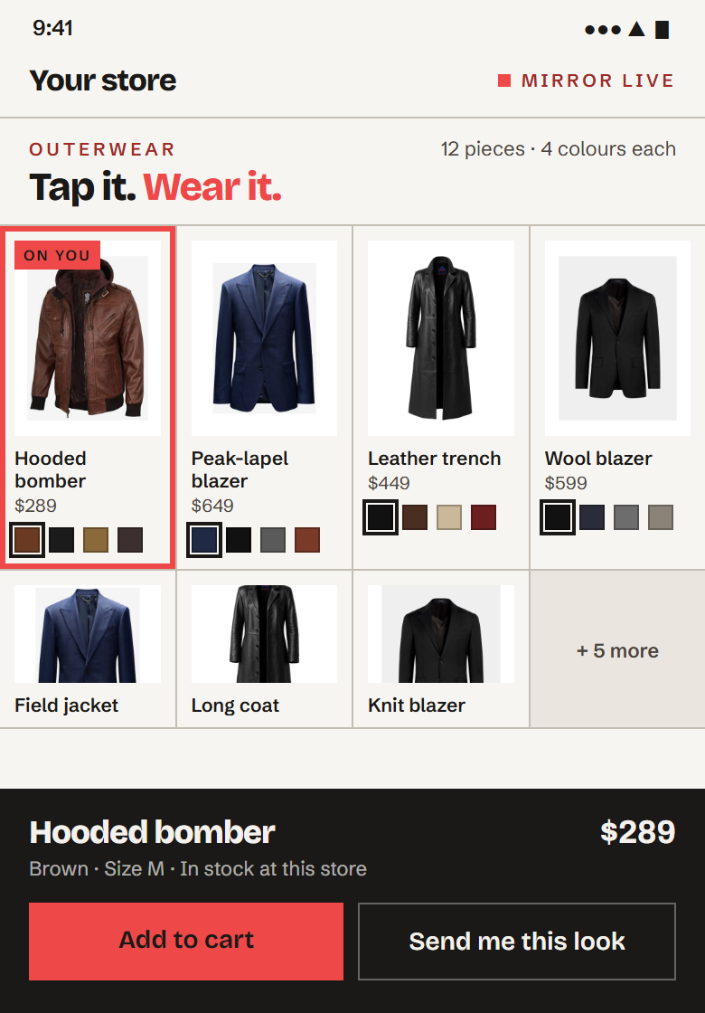 Concept: the phone controller showing the outerwear catalogue with colour chips, the bomber selected, and 'Add to cart' and 'Send me this look' buttons.