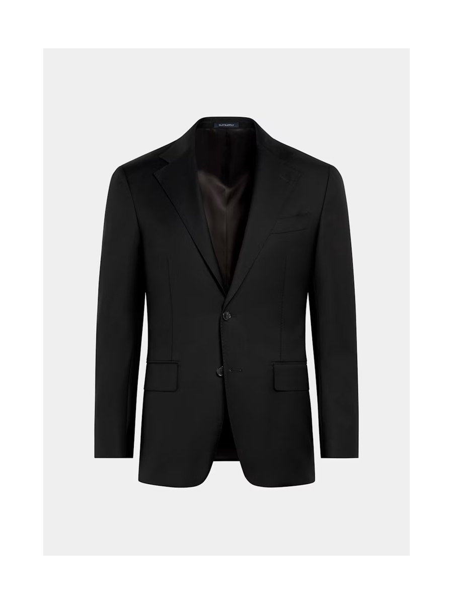 Product photo: black wool blazer on a plain background.