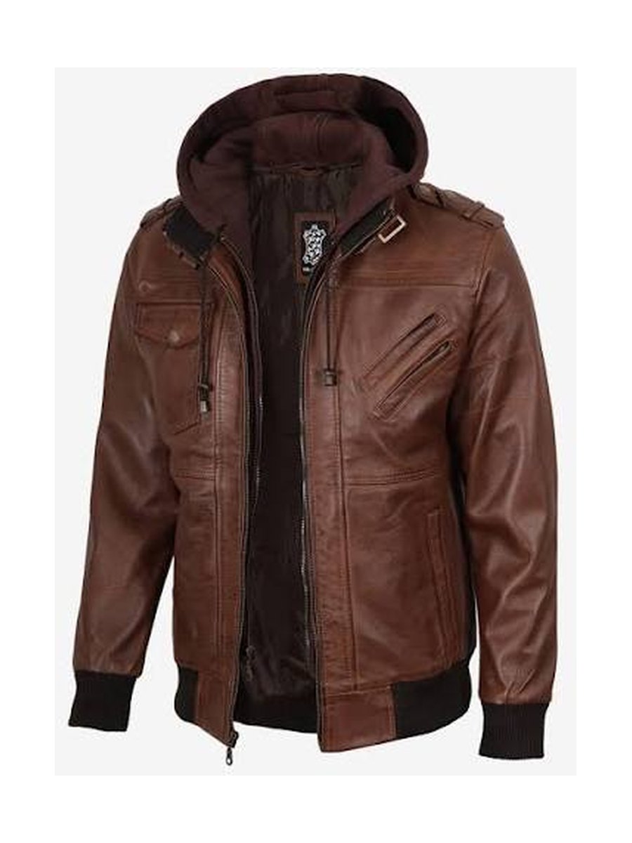 Product photo: brown leather hooded bomber on a plain background.