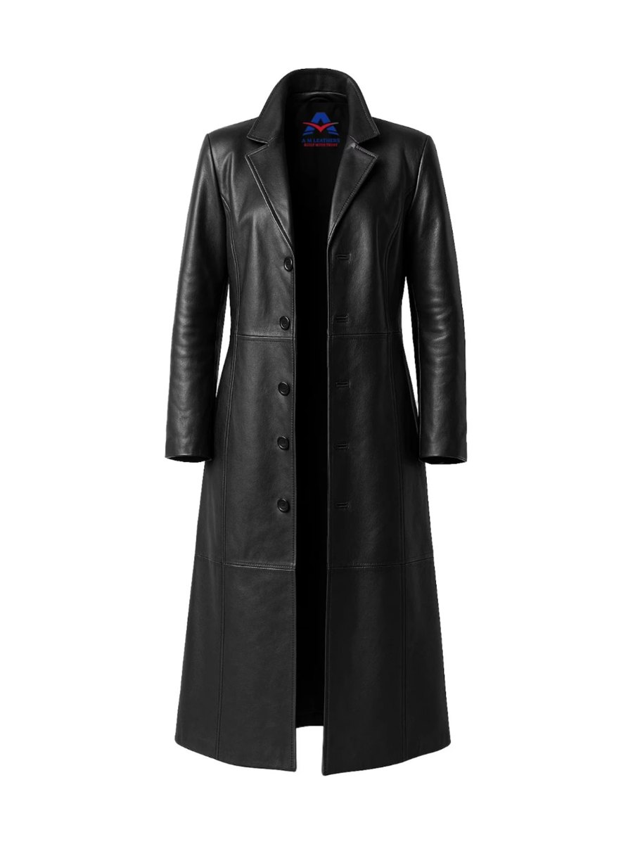 Product photo: black leather trench on a plain background.