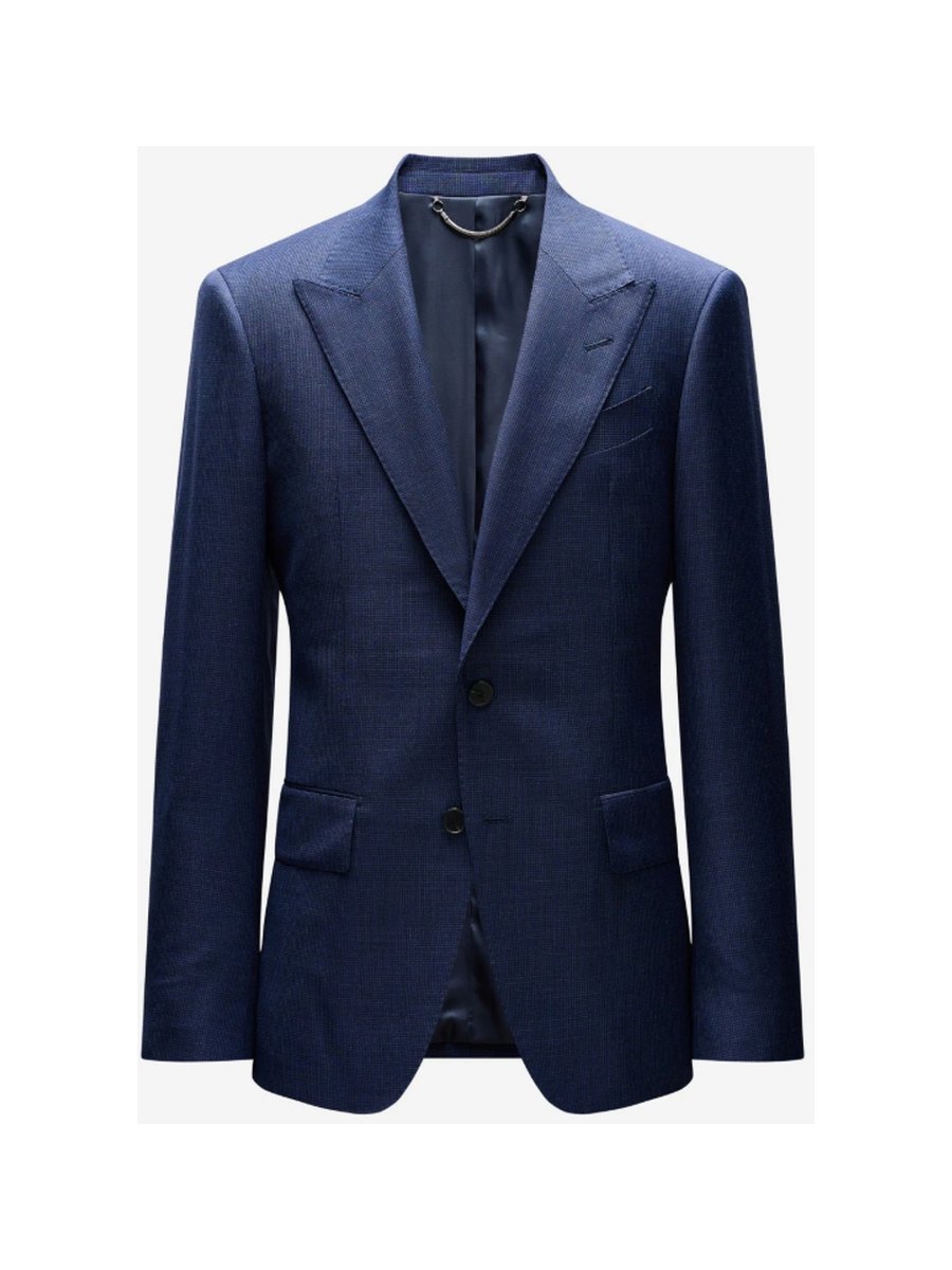 Product photo: navy peak-lapel blazer on a plain background.