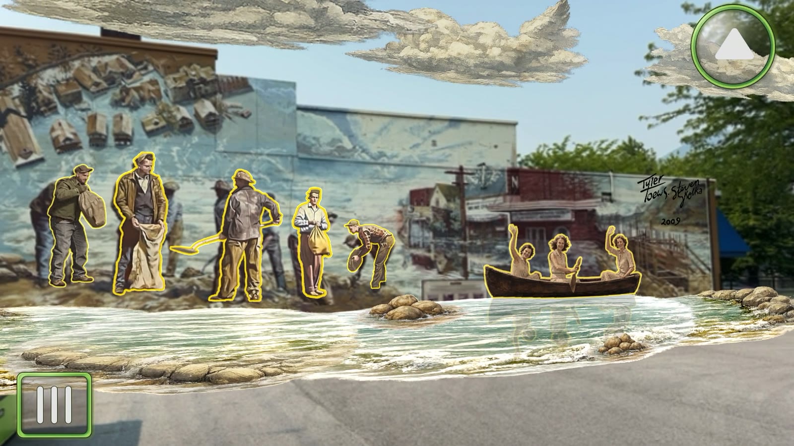 The same wall through a phone: floodwater surges across the road in front of the mural, the painted sandbagging crew glows outlined in light, and storm cloud drifts above the roofline.