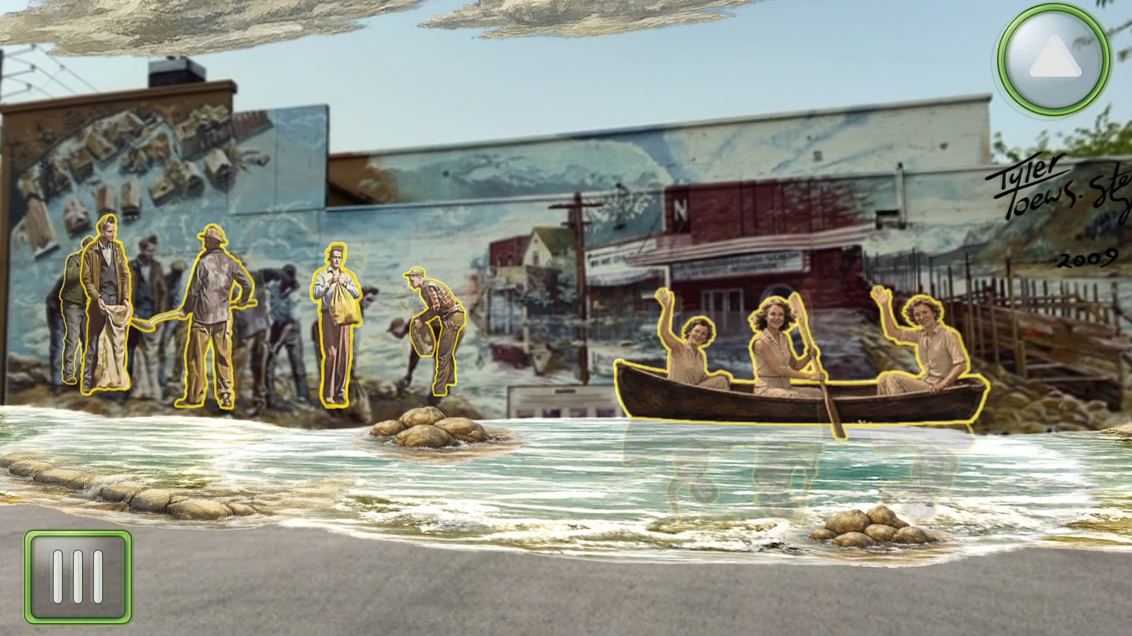 Trail BC's flood mural seen through a phone: floodwater spills off the wall into the parking lot and the painted figures are outlined in light.