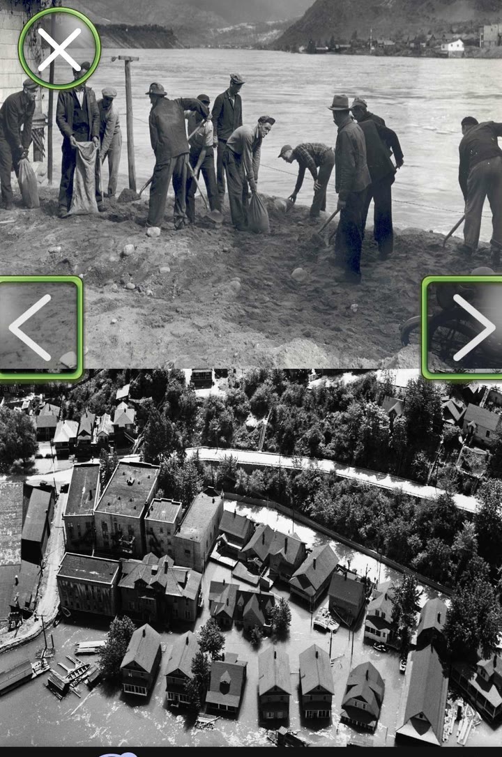 Archival photograph in the AR experience: men in 1940s clothing shovelling sand into bags on the flooded riverbank, above an aerial view of Trail homes standing in floodwater.