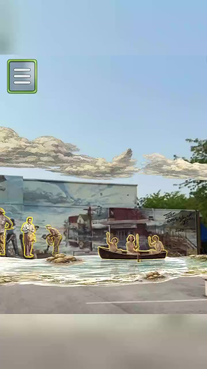 The AR experience on a phone: the 1948 flood rendered over the mural, floodwater and a canoe filling the scene, with the experience menu button in the corner.